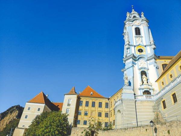 White-and-blue bell tower of Dürnstein Abbey, Wachau Valley of Lower Austria