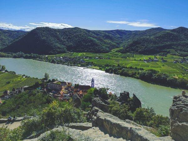 Dürnstein town & Danube river from the castle ruins in Wachau, Austria