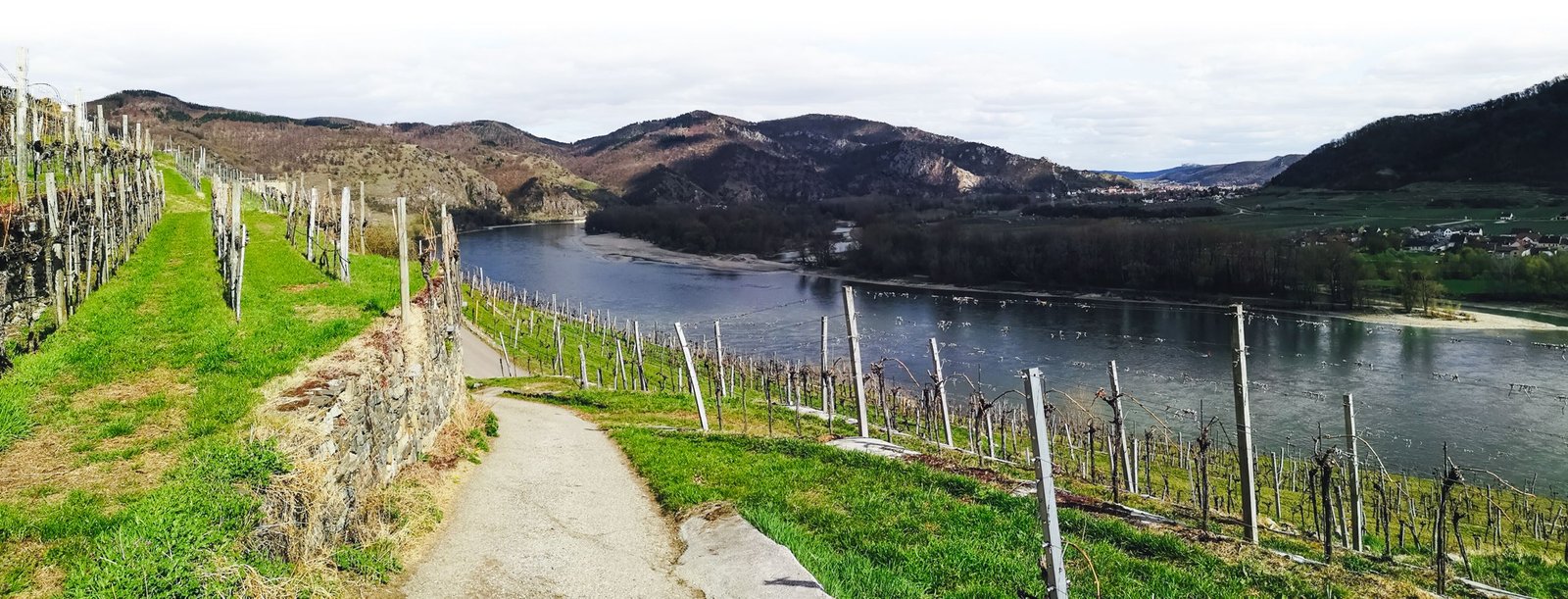 Durnstein panorama from afar in Wachau, Austria