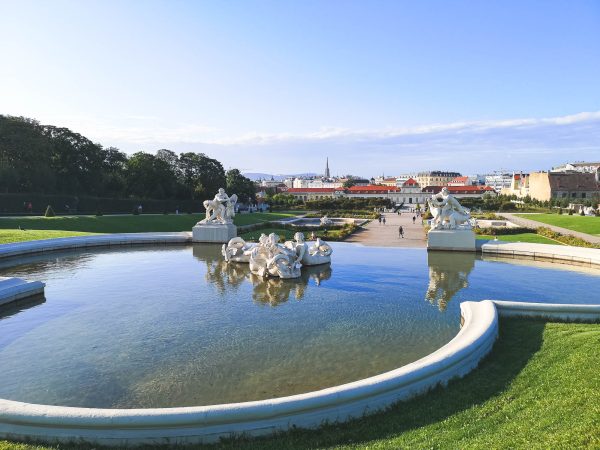 A fountain and the Lower Belvedere in Landstrasse, the 3rd district of vienna, austria