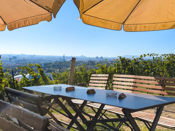 Empty early morning table in Emmerich Heuriger on Nussdorfer wine hill, Vienna