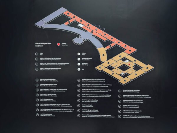 First floor-plan / wayfinding map inside Weltmuseum